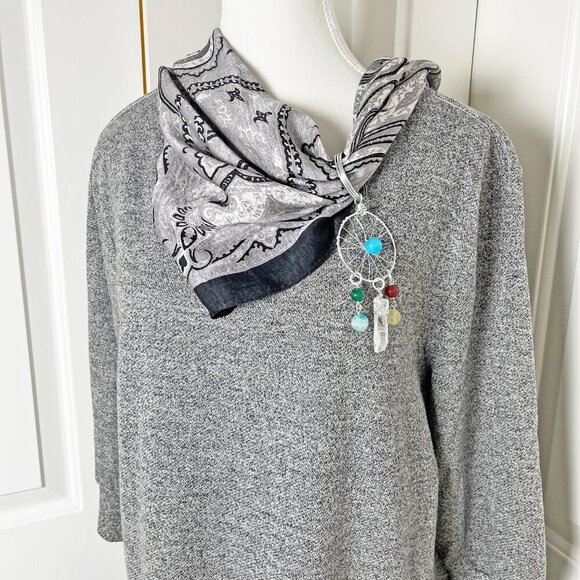 One-of Black & White Silk Bandanna w/ Gemstone Dreamcatcher Pendant Necklace Set - Picture 6 of 9